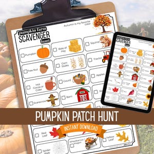 Puede incluir: Un portapapeles con una lista de verificación de búsqueda del tesoro con temática otoñal y una tableta digital que muestra la misma lista. La lista incluye ilustraciones de calabazas, balas de heno, ardillas y otros elementos otoñales. Se muestra el texto "Pumpkin Patch Hunt".