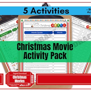 May include: A Christmas Movie Activity Pack with five activities, plus a bonus activity, on clipboards. The pack includes matching graphics, movie quotes, and release year quizzes. The words "Christmas Movies" and "Digital Download" are also visible.