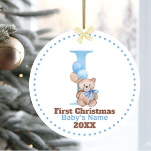 Premier Noël pour un nouveau-né, décoration lettre I, thème ours personnalisé, souvenir de famille, bleu et marron, décoration monogramme, cadeau bébé garçon
