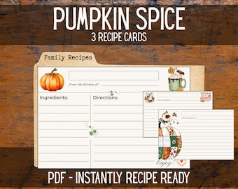 Pode incluir: Um conjunto de três cartões de receitas com o tema abóbora com especiarias. Os cartões apresentam uma ilustração de abóbora, uma caneca de chantilly e o texto "Pumpkin Spice" e "Family Recipes". Os cartões estão prontos para imprimir.