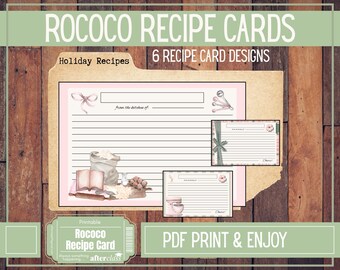 Puede incluir: Tarjetas de recetas Rococo imprimibles con seis diseños. Las tarjetas presentan una combinación de colores rosa y beige con ilustraciones de acuarela de utensilios e ingredientes de cocina. El texto "PDF PRINT & ENJOY" se muestra en la parte inferior.