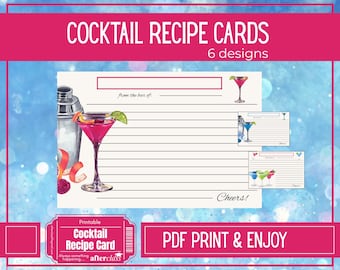 Utskrivbara receptkort för cocktails • Digital PDF • Dekoration för barvagnar • Mixologimall • Recept • Present till värdinnan •