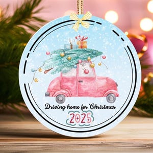Little red car. Fun and festive aluminum ornament featuring a red punch buggy hauling a Christmas tree. Holiday year ornament. Family gifts