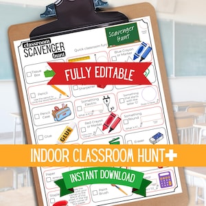 以下が含まれることがあります： クリップボードに印刷された教室の宝探し。 白黒のチェックリストには、ティッシュボックス、鉛筆、消しゴムなどのアイテムが含まれています。 「FULLY EDITABLE」と「INDOOR CLASSROOM HUNT +」という言葉が赤とオレンジのバナーで表示されています。