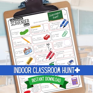 以下が含まれることがあります： クリップボードに挟まれた教室の宝探しワークシート。ワークシートには、ティッシュボックス、鉛筆、消しゴムなどのアイテムを見つけるためのプロンプトが含まれています。下部のテキストは「INDOOR CLASSROOM HUNT+」と「INSTANT DOWNLOAD」と書かれています。