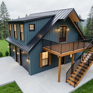 May include: Exterior view of a teal-colored modern house with a black metal roof. The house features a balcony with black railings and a wooden staircase. The house is surrounded by a green lawn and tall trees.