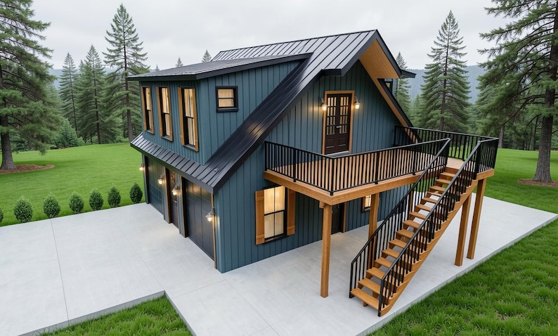 May include: Exterior view of a teal-colored modern house with a black metal roof. The house features a balcony with black railings and a wooden staircase. The house is surrounded by a green lawn and tall trees.