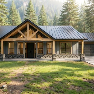 Puede incluir: Una casa de una sola planta con techo de metal oscuro, revestimiento vertical gris y estructura de madera natural. El exterior cuenta con una base de piedra, un porche cubierto con pilares de piedra cuadrados y un garaje doble adjunto.