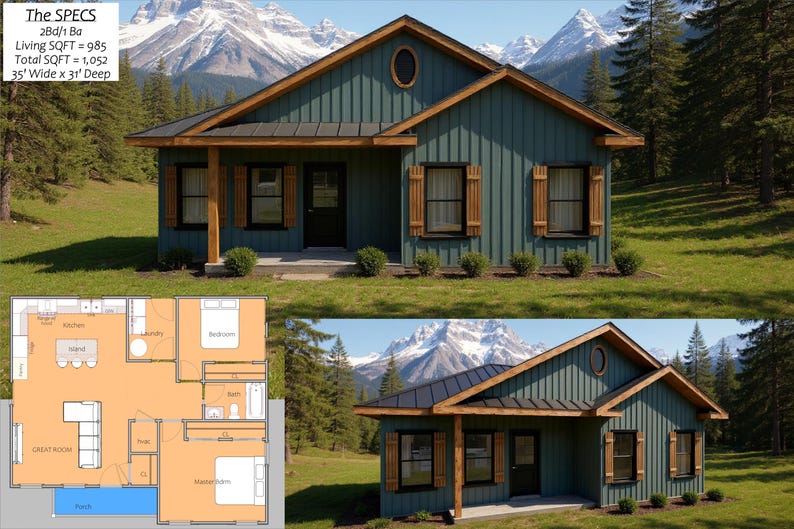 Rectangular Ranch Cabin Modern Ranch Style Cabin: 985 (living) Sqft- 2bed - 1 Bath - Etsy