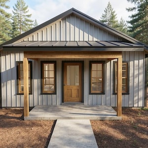 May include: A single-story house with light gray vertical siding, a dark metal roof, and a wooden front door. The structure features a covered porch supported by wooden beams, four rectangular windows with dark frames, and a concrete walkway.