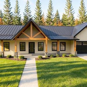 May include: A contemporary farmhouse-style house featuring a black metal roof, light beige cladding, and black window frames. The house has a covered porch with wooden beams and a two-car garage with black doors. A concrete path leads to the front door, and the garden is covered in green grass.