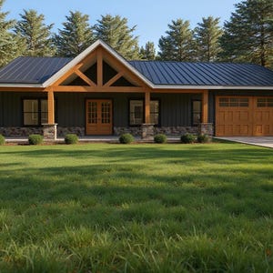 May include: A modern, single-story house with a dark gray metal roof and wooden accents. The house has a light brown garage door, a front porch with stone pillars, and a well-maintained green lawn. Tall trees surround the house.