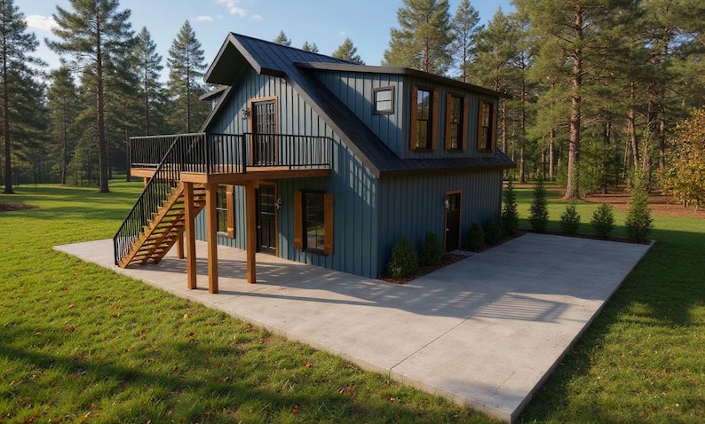 May include: A two-story blue-green house with a black roof and wooden accents. The house has a balcony with black railings and a wooden staircase. The house is surrounded by trees and a concrete patio.