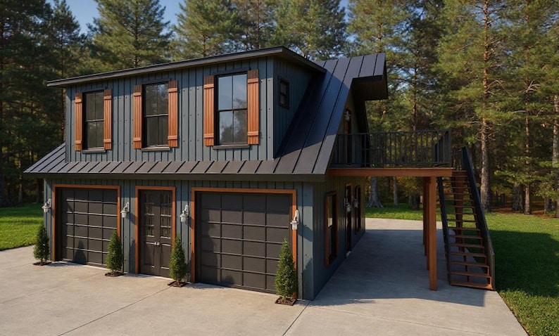 May include: A two-story, dark gray building with a black roof, three garage doors, and wooden shutters. The building has a balcony and a staircase leading to it. The exterior is surrounded by trees.