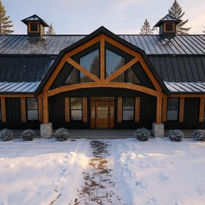May include: A large house with black vertical siding and a dark metal roof, featuring a prominent central timber frame gable with large windows, a wooden front door, and stone pillar supports on a porch covered in light snow.