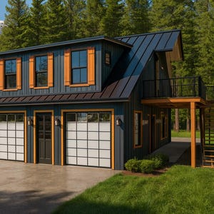 May include: A modern, two-story building with a dark blue exterior, orange trim, and a black roof. The building has two garage doors, windows, and a balcony. The structure is surrounded by green grass and tall trees.