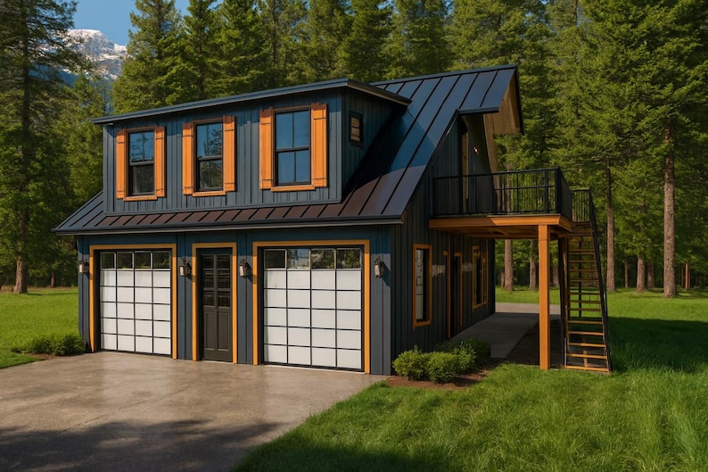 May include: A modern, two-story building with a dark blue exterior, orange trim, and a black roof. The building has two garage doors, windows, and a balcony. The structure is surrounded by green grass and tall trees.