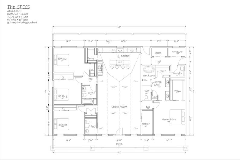 Modern Gambrel Barndominium Plan: 2,400 (living) Sqft-4 Bed- 2.5 Bath-Office (Updated) image 9
