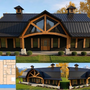 May include: A house design featuring a black metal roof, dark vertical siding, and exposed timber framing. The structure includes two cupolas, a front porch with stone-based pillars, and large windows. Text includes The SPECS, 4BD/3.5 BATH, 2,400 living sqft, 3,131 total sqft, 60' wide x 40' deep.