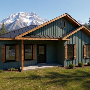 May include: A teal cabin with a black roof and wooden detailing. The building has a porch, windows with wooden shutters, and a door. A mountain range and trees are visible in the background.
