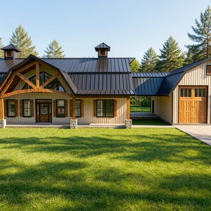 May include: Exterior view of a modern farmhouse with a black metal roof, light-colored siding, and wooden accents. The house has a large front porch, multiple windows, and a detached garage with wooden doors. The property is surrounded by a green lawn and trees.