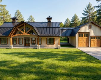 Nowoczesny projekt domu Gambrel Barndominium: 279 m² (powierzchnia mieszkalna) – 5 sypialni – 3,5 łazienki – wolnostojący garaż na 2 samochody