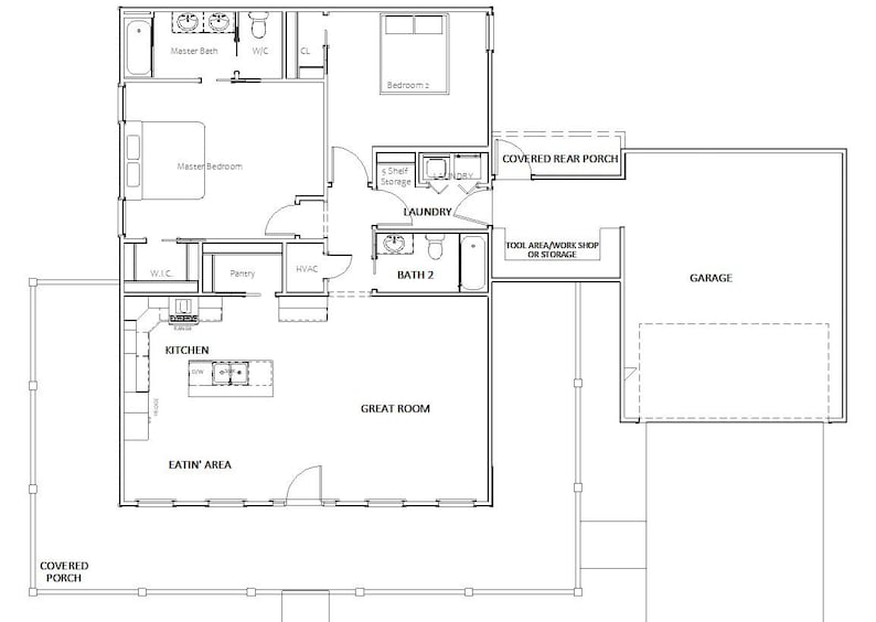 Peut inclure: Plan d'&eacute;tage noir et blanc d'une maison avec un porche couvert, une cuisine, une grande pi&egrave;ce, une chambre principale, une salle de bain, une buanderie, un garage et un porche arri&egrave;re couvert. Le plan d'&eacute;tage comprend des &eacute;tiquettes de texte pour chaque pi&egrave;ce.