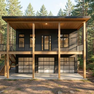 May include: A two-story house with black vertical siding and natural wood support beams. The upper level features a balcony with a black railing, while the lower level includes three glass garage doors. A wooden staircase leads to the balcony.