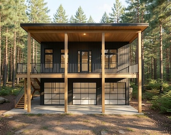 Modern ADU House Plan: 990 (Living) Sqft - 2 Bedroom-1.5 Bath, 3-Car Garage