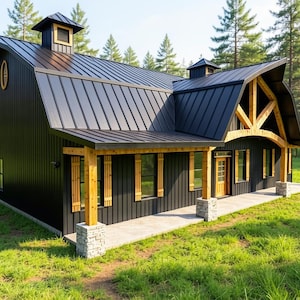 May include: A black metal-sided building with a gambrel roof, featuring natural wood support beams, stone pillar bases, and a front porch. The structure includes two small roof cupolas, an oval window, and a wooden door, set in a grassy area.