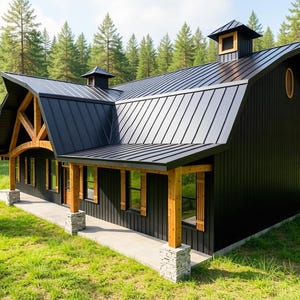 May include: A modern barn-style house featuring black vertical metal siding and a matching black metal roof. The structure includes natural wood support beams, stone-based pillars, a covered porch, and two small cupolas on the roofline.