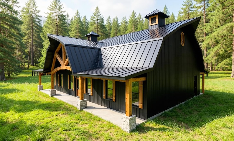 May include: A modern barn-style house featuring black vertical metal siding and a matching black metal roof. The structure includes natural wood support beams, stone-based pillars, a covered porch, and two small cupolas on the roofline.