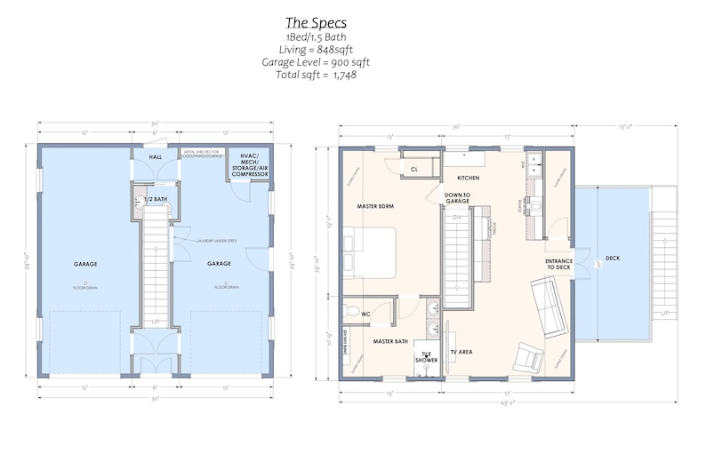May include: Architectural floor plan with two sections. The left section shows a garage and a half bath. The right section shows a kitchen, master bedroom, and deck. Text includes "The Specs" and dimensions.
