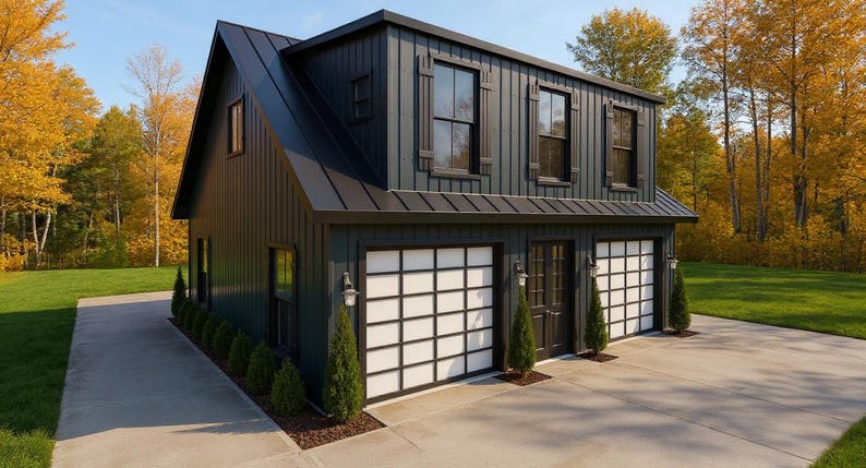 May include: A two-story, dark gray building with a black roof and white garage doors. The building has multiple windows and is surrounded by trees with yellow leaves. The driveway is concrete.