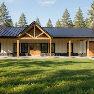 May include: Exterior view of a modern farmhouse with a black metal roof and light-colored siding. The house features a covered porch with wooden beams, a wooden garage door, and a stone base. The house is surrounded by a green lawn and tall pine trees.
