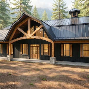 May include: A single-story house with black vertical siding, a dark metal roof, and a prominent wooden arched truss over the front porch. The structure features multiple rectangular windows with wooden shutters, a central wooden door, and stone pillars.