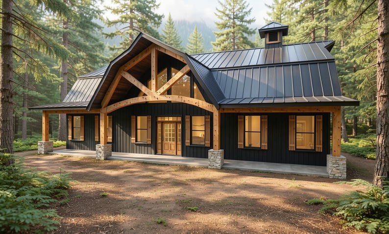 May include: A single-story house with black vertical siding, a dark metal roof, and a prominent wooden arched truss over the front porch. The structure features multiple rectangular windows with wooden shutters, a central wooden door, and stone pillars.