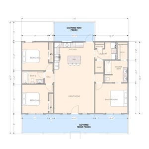 Może przedstawiać: Plan architektoniczny z wymiarami. Posiada układ 3 sypialni i 2 łazienek. Plan obejmuje kuchnię, duży pok&oacute;j, gł&oacute;wną sypialnię oraz zadaszone werandy z przodu i z tyłu. Całkowita powierzchnia wynosi 161,75 m&sup2;, o szerokości 13,11 m i głębokości 13,72 m.