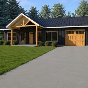 May include: A modern, single-story house with a black exterior, a black roof, and a light-colored wooden garage door and trim. The house has a covered porch and sits on a green lawn with a concrete driveway.
