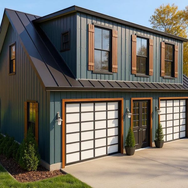 Plano moderno de ADU sobre un garaje para 2 autos: 848 pies cuadrados (habitables) - 1 dormitorio - 1,5 baños
