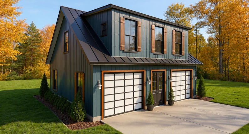 May include: A two-story teal-colored garage with a black roof and brown trim. The garage has two garage doors with white panels and black grid patterns, and a single door. The building is surrounded by green grass and trees with yellow leaves.