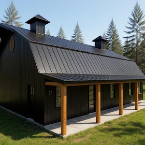 May include: A black barn-style building with a metal roof, two cupolas, and a covered porch supported by natural wood posts. The structure features vertical siding, a glass-paneled door, and a small oval window on the side, set in a grassy area.