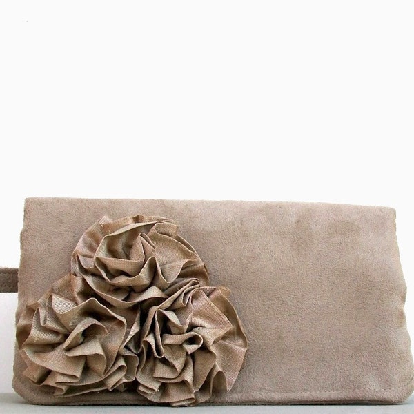 Women's Clutch Purse with Rosettes in Almond Faux Suede, Sale