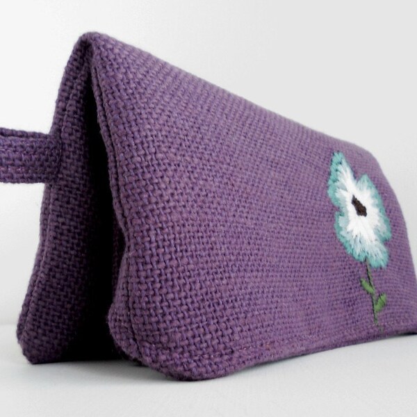 Purple Clutch Wallet with Turquoise and White Hand Embroidered Floral Detail