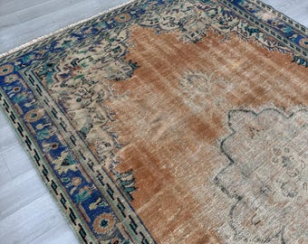 7x10 Rust Terracotta Distressed Vintage Turkish Rug Blue Green