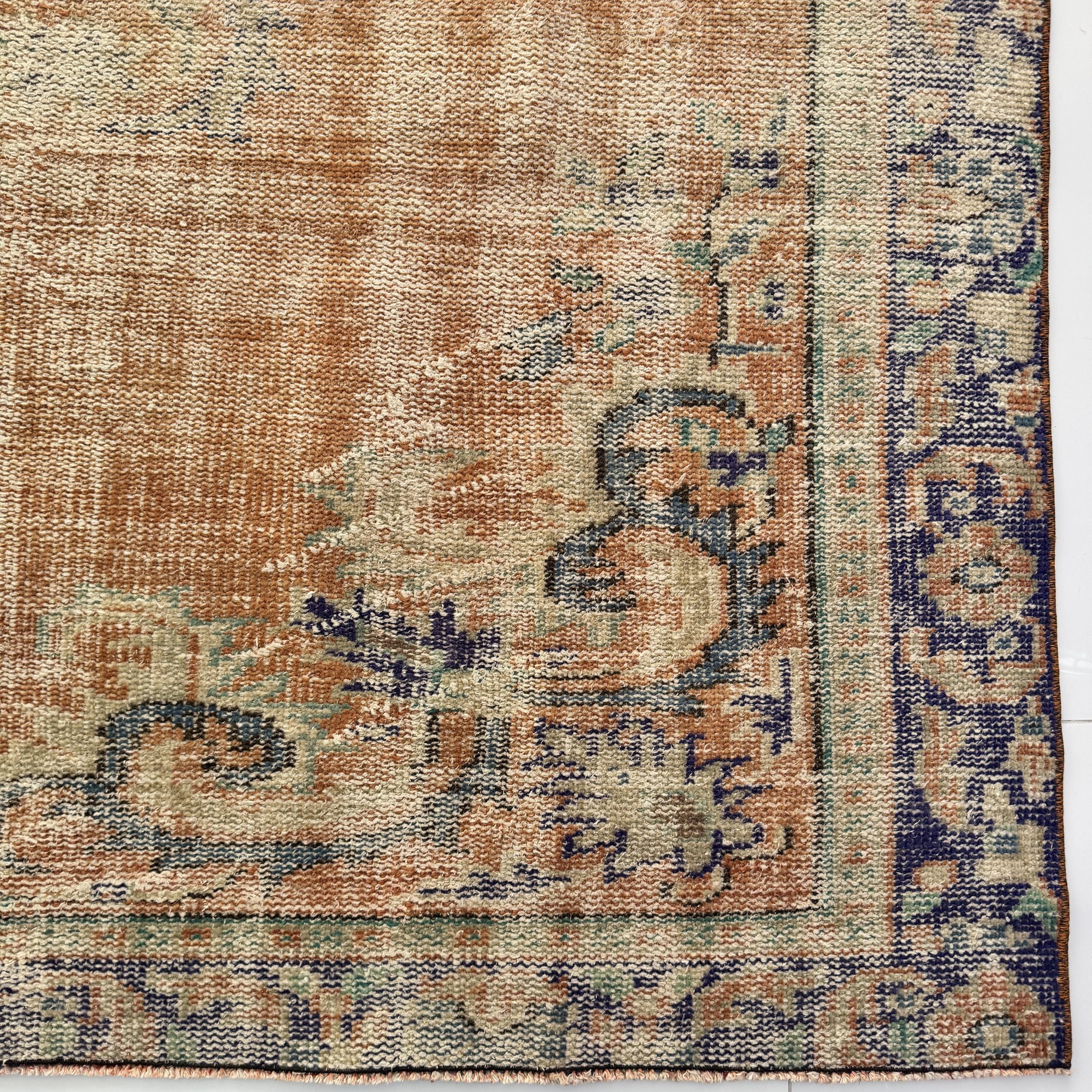 Terracotta Blue Vintage Turkish Rug 6x9 Distressed Wool With Faded