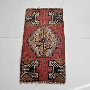 1x3 Oriental Turkish Rug, 1x3 Vintage Handmade Rug, Red Beige Blue Oushak Rug, Door mat Rug, Wool Accent Rug, Bathroom Kitchen Entry Carpet