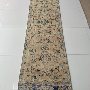 2x9 Floral Vintage Runner, 2x9 Turkish Wool Rug, Oriental Beige Blue Black Runner, Hand Knotted Rug, Hallway Kitchen Entryway Carpet