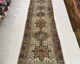 3x11 Vintage  Runner Rug, 3x11 Oriental Runner Rug, Red Blue Beige Rug, Handmade Wool Rug, 11 Foot Long Rug, Hallway Kitchen Entry  Runner