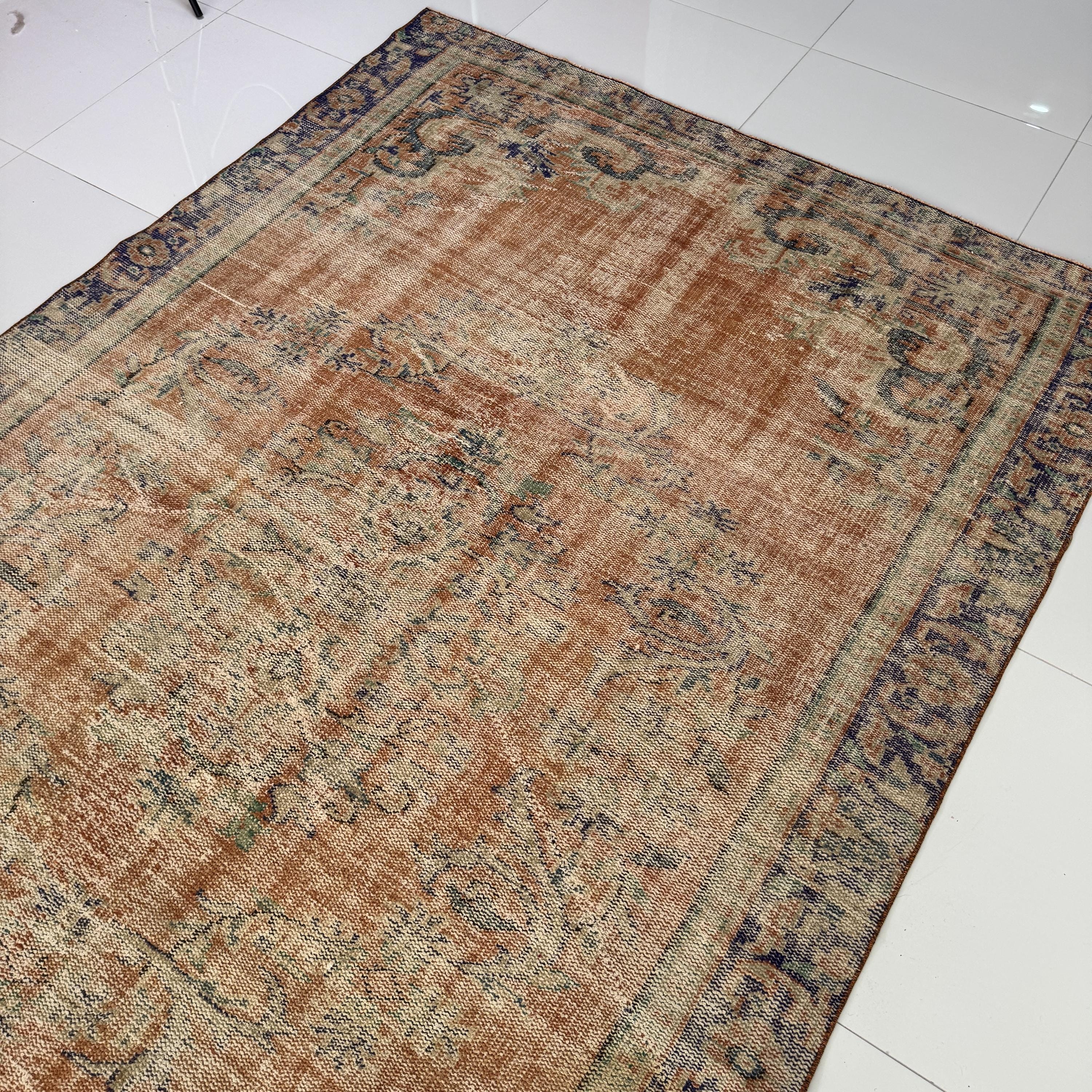 Terracotta Blue Vintage Turkish Rug 6x9 Distressed Wool With Faded